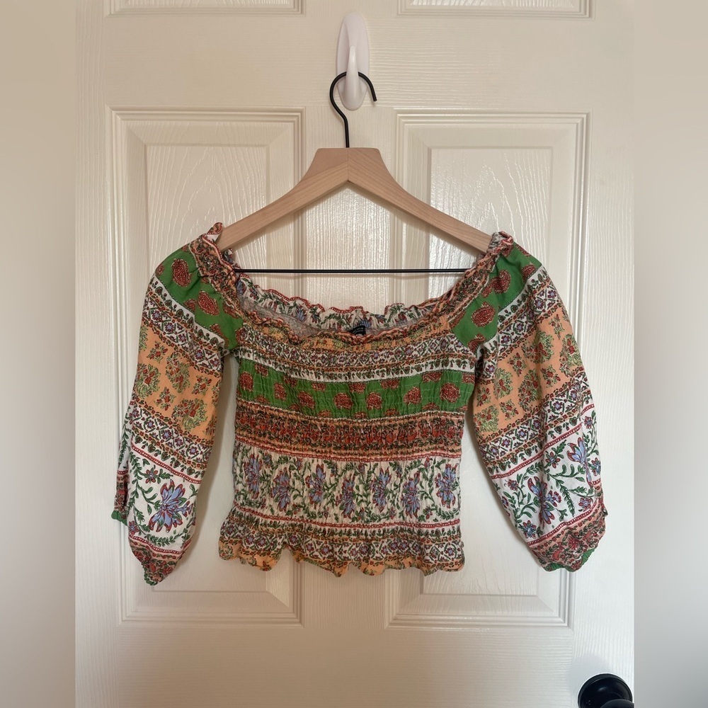 Zara Linen Blend Baloon Sleeve Smocked Top Whimsical Size Small